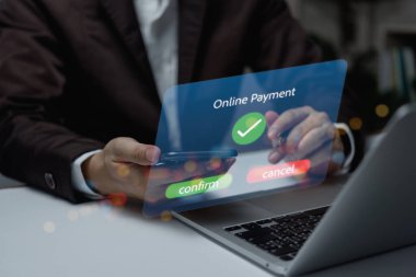 Fütürist arayüzle dijital ödeme onayı. Modern iş ve e-ticaret çözümleri için güvenli çevrimiçi işlem, fintech, temassız bankacılık ve mobil finans yeniliği.