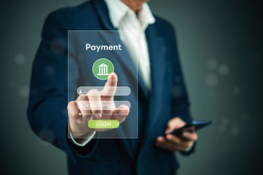 Çevrimiçi bankacılık girişi, dijital ödeme sistemine erişen işadamı, güvenli finansal işlem, fintech güvenlik denetimi, mobil bankacılık teknolojisi, dijital finans yeniliği.