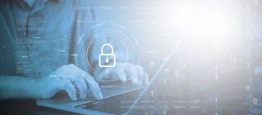 Siber güvenlik kavramı, dizüstü bilgisayarda dijital kilit simgesi, veri koruması, çevrimiçi gizlilik, güvenli ağ, bilgi şifreleme, internet güvenliği, bulut tabanlı savunma sistemi ile yazma.