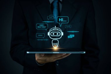 Yapay zeka sohbet robotu teknolojisi, müşteri hizmetleri için sanal asistan, fütüristik akıllı otomasyon tablet üzerindeki yapay güçlü sohbet robotu, dijital iş desteği, yapay zeka sohbet robotu..