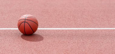 Spor salonunun kahverengi sahasında turuncu basketbol. Sokak basketbolu kavramı. Yatay spor temalı poster, tebrik kartları, başlıklar, web sitesi ve uygulama