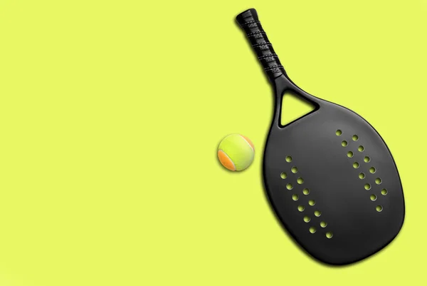 Black Professional Beach Tennis Racket Ball Yellow Background Horizontal Sport — Stockfoto
