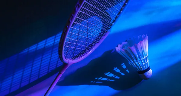 Badminton Racket Shuttlecock Vibrant Bold Gradient Holographic Neon Colors Horizontal — стоковое фото
