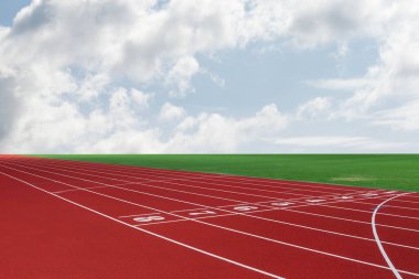 Stadyumda kırmızı koşu pisti. Spor temalı arka plan. Yatay spor temalı poster, tebrik kartları, başlıklar, web sitesi ve uygulama