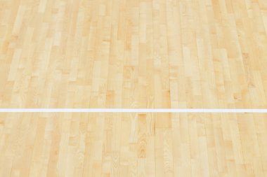 Wooden floor volleyball, basketball, badminton, futsal, handball court with light effect. Wooden floor of sports hall with marking lines line on wooden floor indoor, gym court