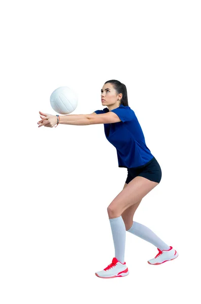 Volley Ball Fille Tenir Coup Pied Ballon Costume Bleu Sur — Photo