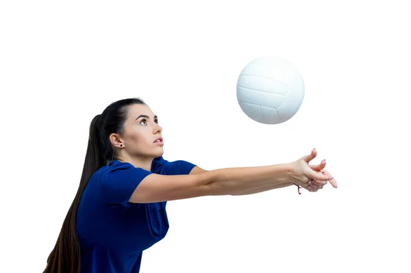Volleyballmädchen Halten Und Kicken Ball Blauem Kostüm Auf Weißem Hintergrund — Stockfoto