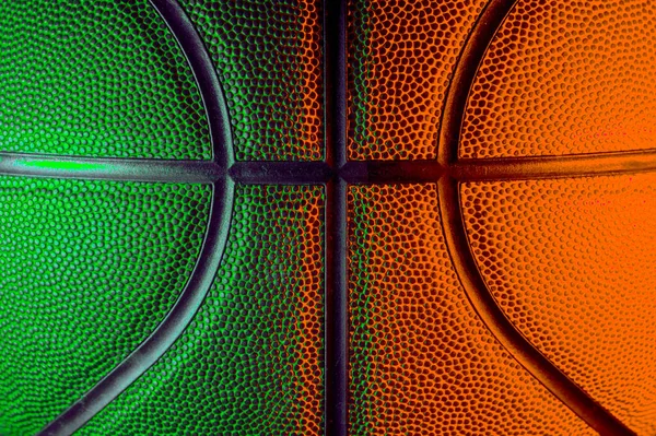 Närbild Detalj Basketboll Textur Bakgrund Grön Och Orange Neon Koncept — Stockfoto