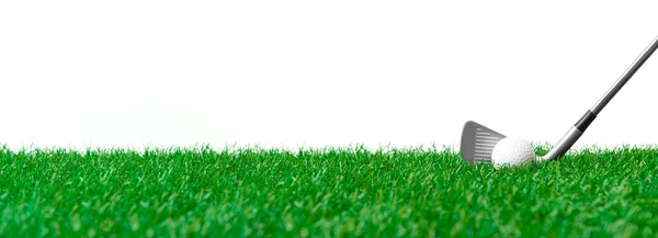 Weißer Golfball Und Stock Auf Grünem Gras Isoliert Auf Weißem — Stockfoto