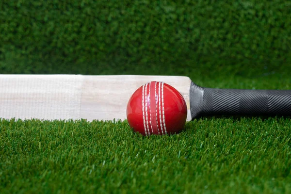 Cricket bat and red ball on green grass background. Horizontal sport theme poster, greeting cards, headers, website and app