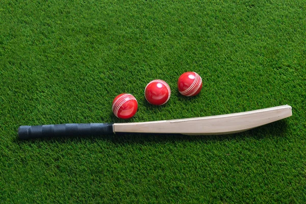 Stock image Cricket bat and red ball on green grass background. Horizontal sport theme poster, greeting cards, headers, website and app