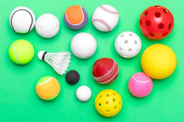 Sports equipment, balls on green background. Horizontal education and  ball sport poster, greeting cards, headers, website