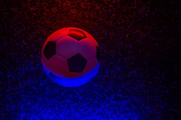 Bola Futebol Com Iluminação Néon Fundo Grama Horizontal Esporte Tema — Fotografia de Stock