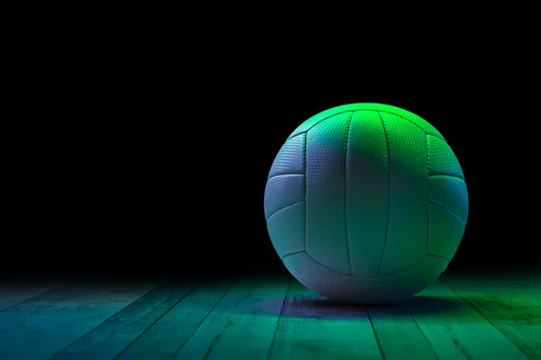 Volleyball Auf Laubholzboden Mit Blauem Und Grünem Licht Horizontales Sport — Stockfoto