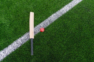 Yeşil çimlerde doğal ışıklandırmalı kriket sopası ve kırmızı top. Yatay spor temalı poster, tebrik kartları, başlıklar, web sitesi ve uygulama