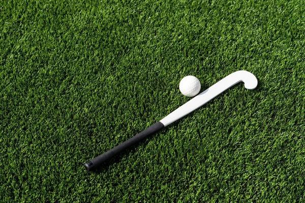 Field Hockey Stick Ball Green Grass Team Sport Concept Horizontal — Stock Photo, Image