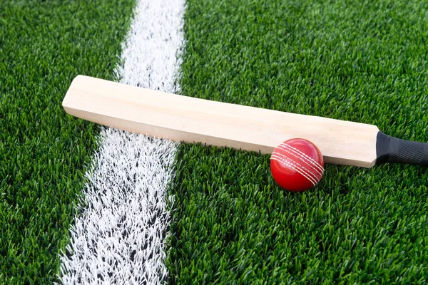 Yeşil çimlerde doğal ışıklandırmalı kriket sopası ve kırmızı top. Yatay spor temalı poster, tebrik kartları, başlıklar, web sitesi ve uygulama