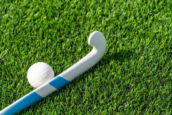 Field hockey stick and ball on green grass. Team sport concept. Horizontal sport theme poster, greeting cards, headers, website and app
