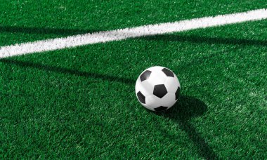 Siyah beyaz futbol ve futbol sahada. Yatay spor temalı poster, tebrik kartları, başlıklar, web sitesi ve uygulama