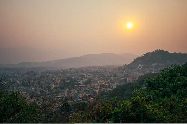 Een Landschap Rond Swayambhunath Tempel Een Oeroud Religieus Complex Bovenop — Stockfoto