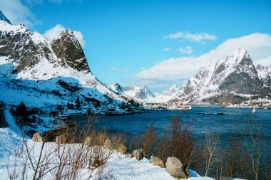 Fiyort boyunca renkli evlerin yer aldığı karlı bir manzara, Reine, Lofoten 'in arka planında görkemli dağlar var..