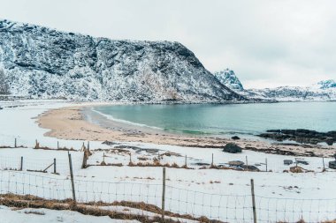 Karlı kıyı şeridi, turkuaz deniz ve bulutlu gökyüzü altında engebeli dağların yer aldığı Vik Sahili, Lofoten, Norveç 'teki huzurlu kış manzarası.
