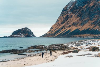 Karlı kıyı şeridi, turkuaz deniz ve bulutlu gökyüzü altında engebeli dağların yer aldığı Vik Sahili, Lofoten, Norveç 'teki huzurlu kış manzarası.