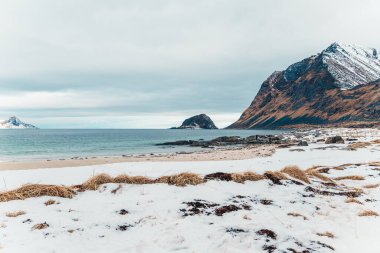 Karlı kıyı şeridi, turkuaz deniz ve bulutlu gökyüzü altında engebeli dağların yer aldığı Vik Sahili, Lofoten, Norveç 'teki huzurlu kış manzarası.
