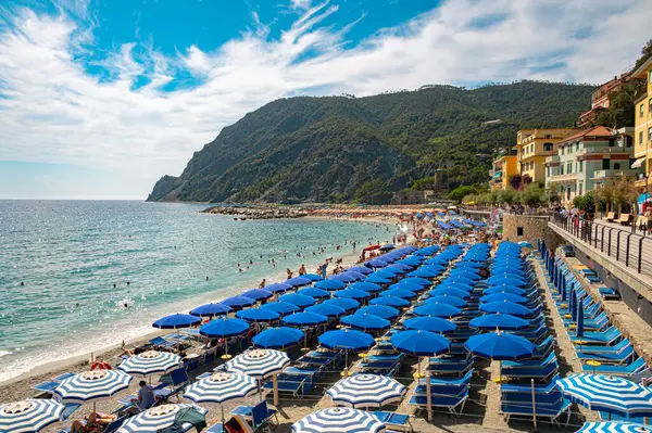 Cinque Terre, İtalya - 7 Eylül 2022: Monterosso Al Mare, İtalya 'da kalabalık plaj, renkli şemsiyeler, yüzücüler ve manzaralı Ligurian kıyı şeridini gösteriyor.