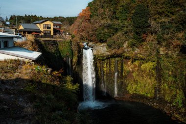 Fujinomiya, Japonya 'daki güzel Shiraito Şelalesi' nde, birden fazla su akıntısı yosunlu kayalıklardan aşağıya, aşağıdaki dingin bir havuza akıyor..