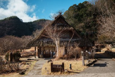 Saiko Iyashi no Sato Nenba 'daki dağlık arkaplanı olan sazdan çatılı köyde Japonya' nın geleneksel mimarisi ve kırsal kültürü sergileniyor..