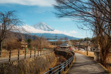 Fuji Dağı 'nın karlı zirvesine kurulmuş, Saiko Iyashi no Sato Nenba' daki ormanlar ve mavi gökyüzüyle çevrili sazdan çatılı evleri olan geleneksel bir köy..