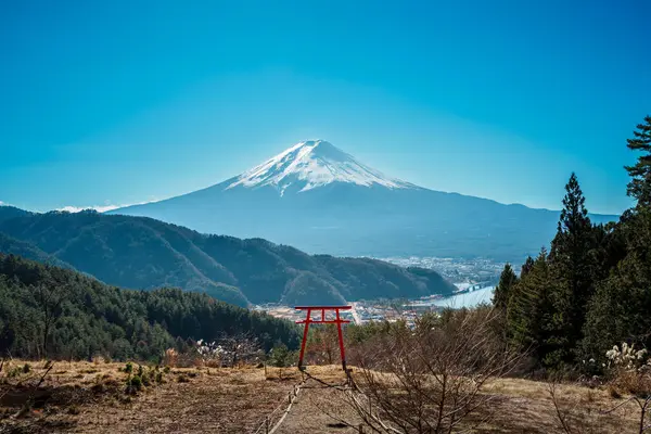 Tepedeki Torii kapısı Fuji Dağı ve Kawaguchiko Gölü manzaralı..