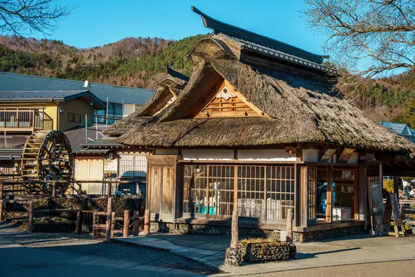 Geleneksel Japon evleri ve Fuji Dağı ile Oshino Hakkai köyü.