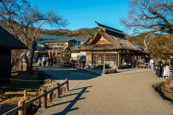 Geleneksel Japon evleri ve Fuji Dağı ile Oshino Hakkai köyü.
