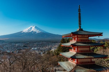 İkonik Chureito Pagoda ile Fuji Dağı ve Fujiyoshida şehri mavi gökyüzünün altında panoramik bir manzara.