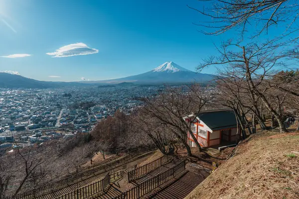 Bir dolambaçlı yol tapınak binasını geçerek ikonik Chureito Pagoda 'ya doğru gidiyor..