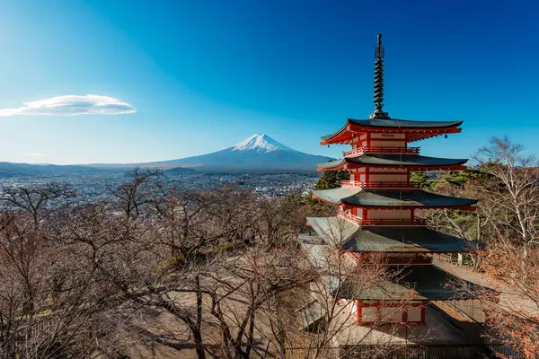 İkonik Chureito Pagoda ile Fuji Dağı ve Fujiyoshida şehri mavi gökyüzünün altında panoramik bir manzara.