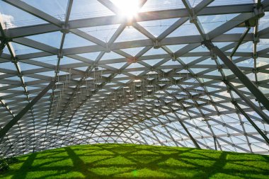 Açık gökyüzünün altında cam çatılı bir kubbe. Güneş parlıyor. Kapalı bir park..