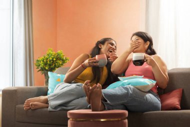 Oturma odasında kanepede dinlenirken kahve içen iki genç kadın.