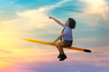 portrait of boy pointing away while flying on pencil clipart