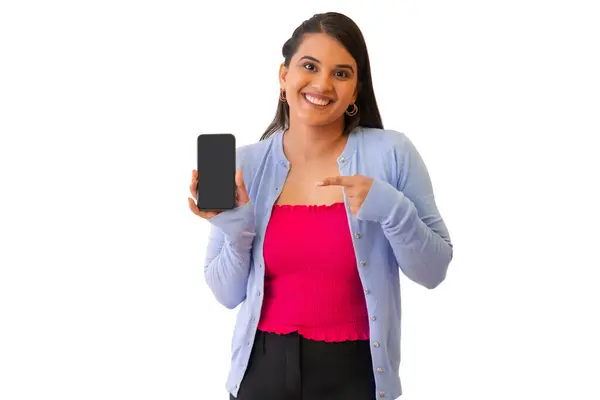 stock image Indian girl showing her smartphone in front of camera