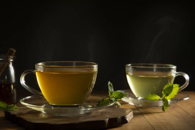 green tea with mint leaf on wooden table clipart