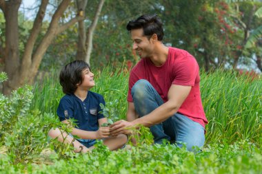 Mutlu baba ve oğul bahçede oturmuş yapraklı sebzeleri kesiyorlar..