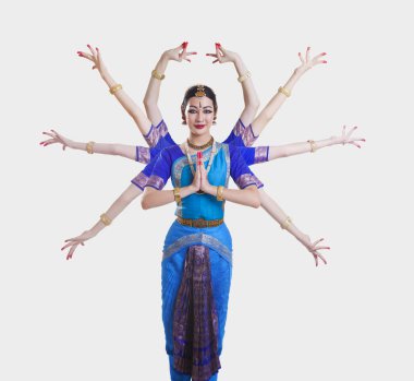 Portrait of Bharatanatyam dancer with multiple mudras over white background clipart