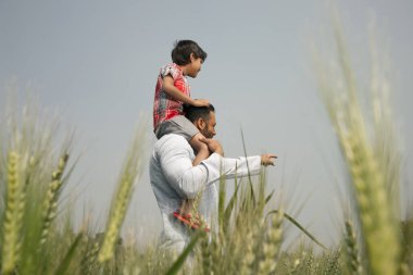 Küçük bir çocuğu omuzlarında taşırken bir şeyi gösteren bir adam.