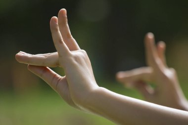 Yoga jestinde kadının ellerine yakın çekim.