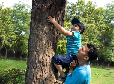 Baba oğlunun ağaca tırmanmasına yardım ediyor.