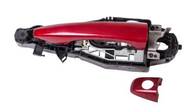 Beyaz izole edilmiş bir arka planda arabadan kapı açmak için yedek parça ve vücut öğesi. Otomobil hizmet endüstrisi.