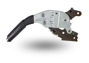 Pahalı bir Alman otomobilinin krom elementli beyaz saplı fren kolu bir atölyede arabanın fren sistemini tamir etmek için izole edilmiş bir fotoğraf stüdyosunun arka planında..